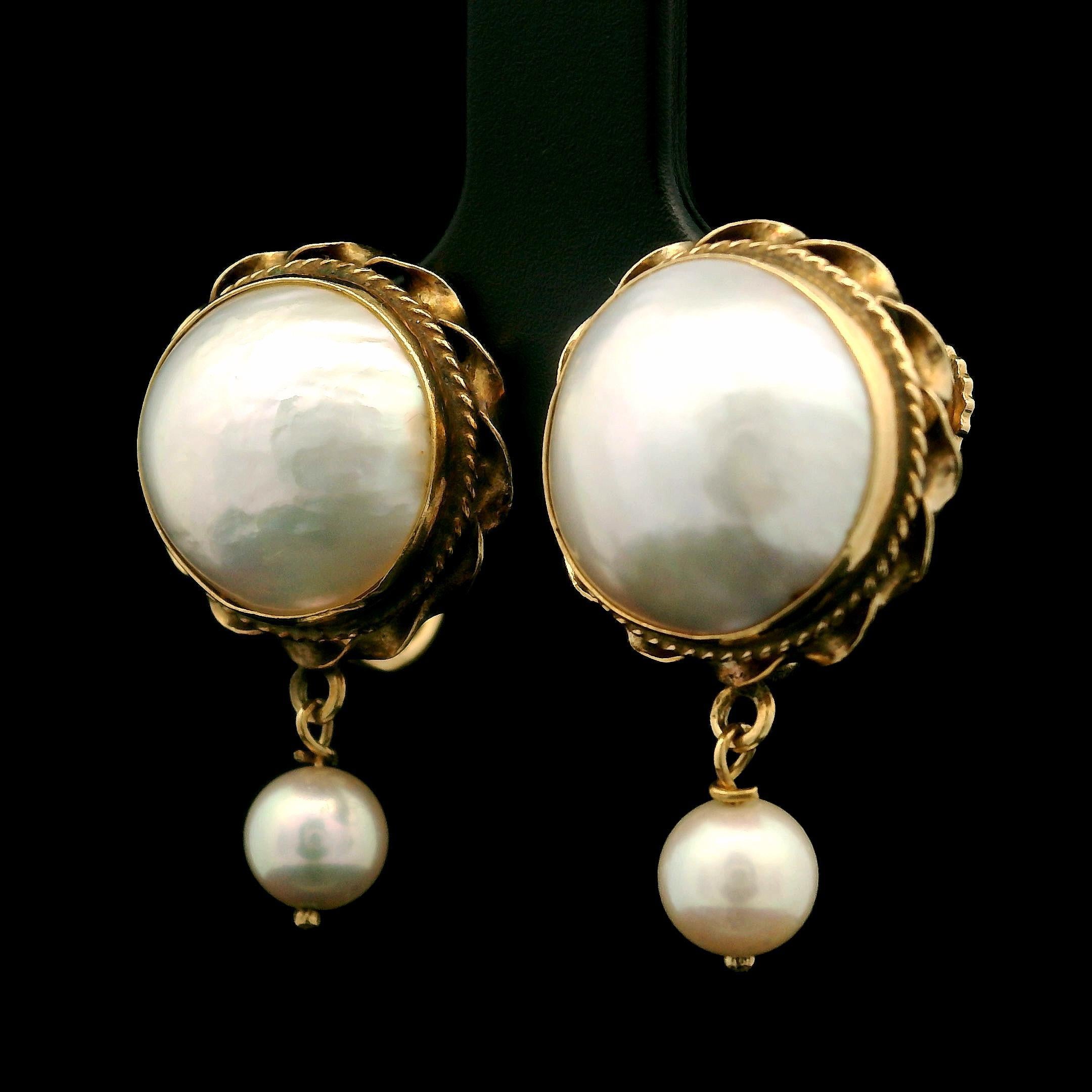 Vintage 14k Yellow Gold Made & Cultured Pearl Dangle Drop Screw Back Earrings 1