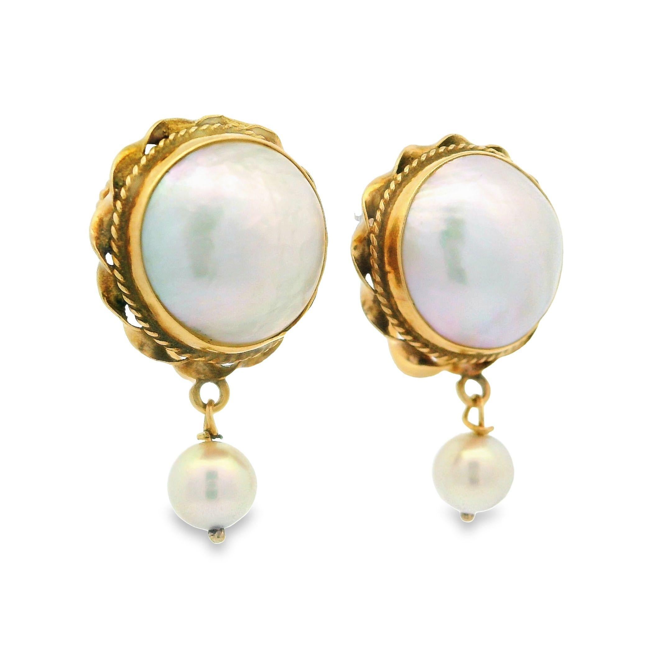 Vintage 14k Yellow Gold Made & Cultured Pearl Dangle Drop Screw Back Earrings 2