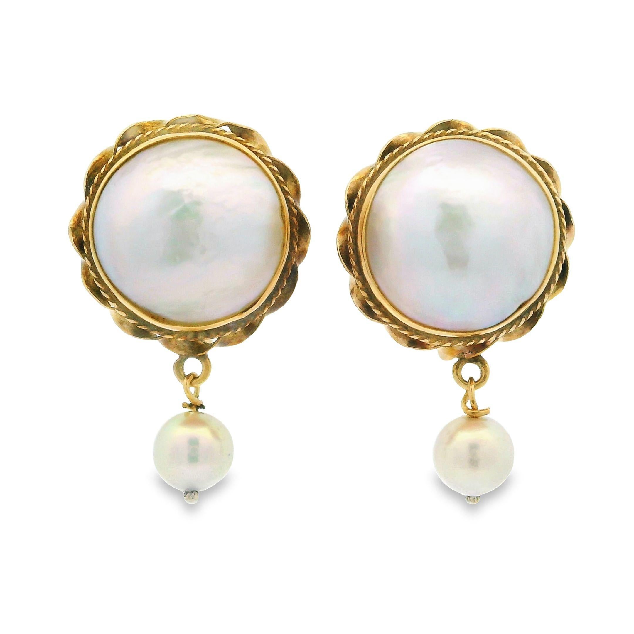 Vintage 14k Yellow Gold Made & Cultured Pearl Dangle Drop Screw Back Earrings 4