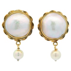 Vintage 14k Yellow Gold Made & Cultured Pearl Dangle Drop Screw Back Earrings