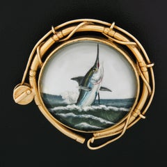 Vintage 14k Yellow Gold Marlin Fish Reverse Intaglio Painted Fishing Reel Brooch