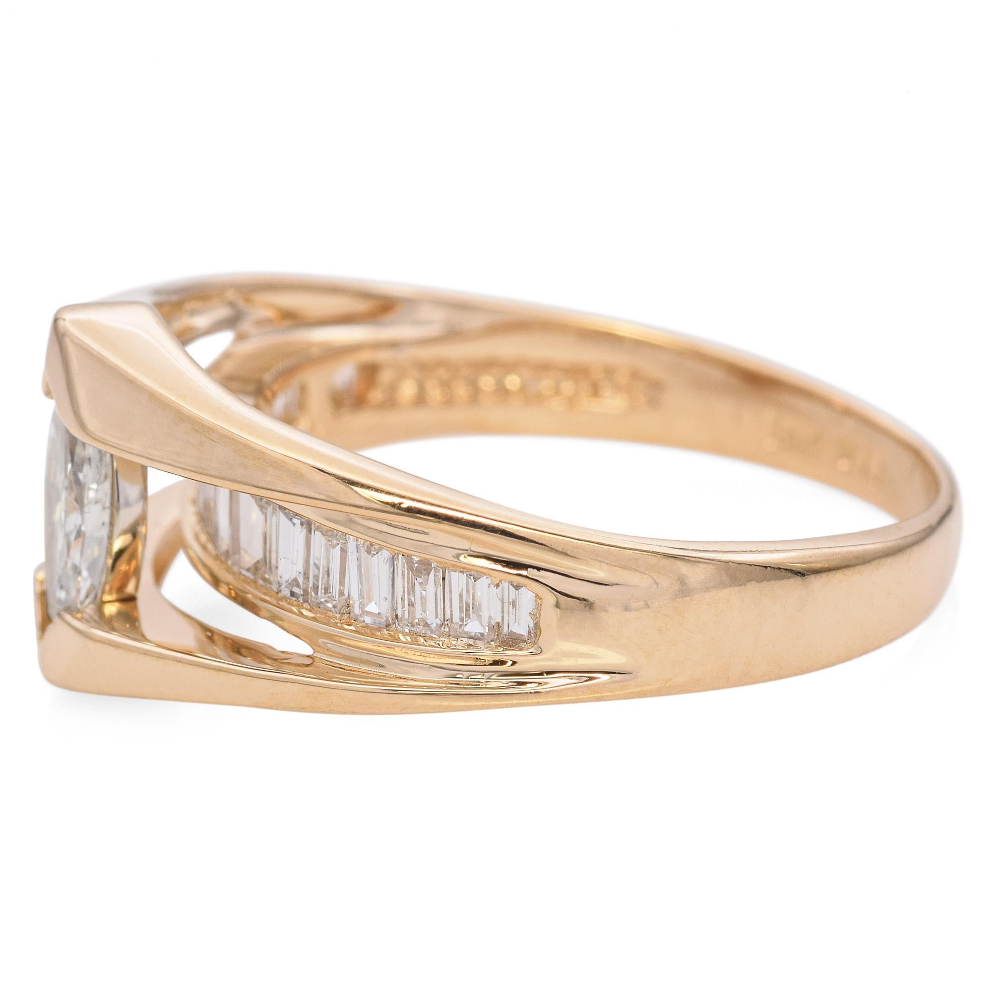 Diamantring aus 14 Karat Gelbgold mit Marquise- und Baguetteschliff (Marquiseschliff) im Angebot