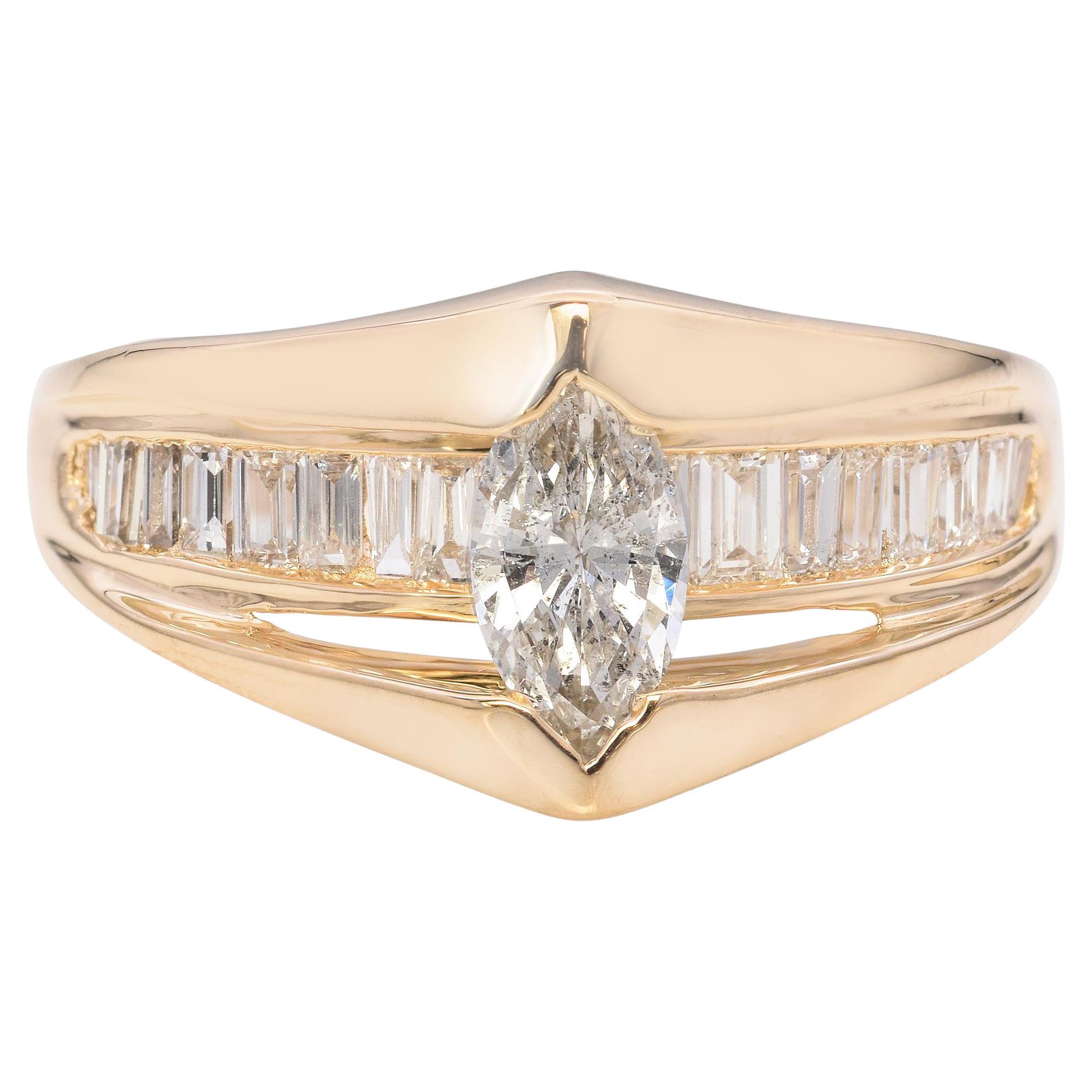 Vintage 14k Yellow Gold Marquise and Baguette Cut Diamond Ring