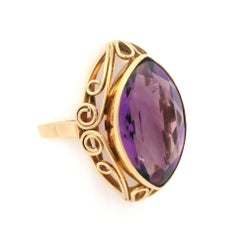 Vintage 14k Yellow Gold Marquise Bezel Amethyst Handmade Open Wire Work Ring