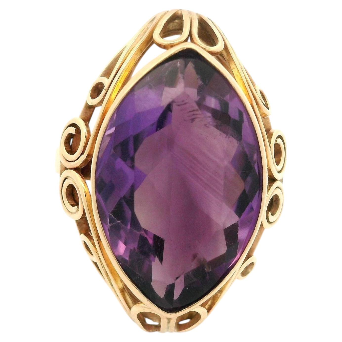 Vintage 14k Yellow Gold Marquise Bezel Amethyst Handmade Open Wire Work Ring For Sale