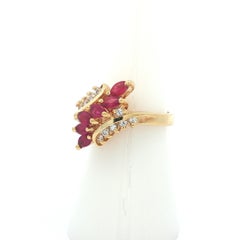 Vintage 14k Yellow Gold Marquise Ruby & Round Diamond Bypass Cluster Ring
