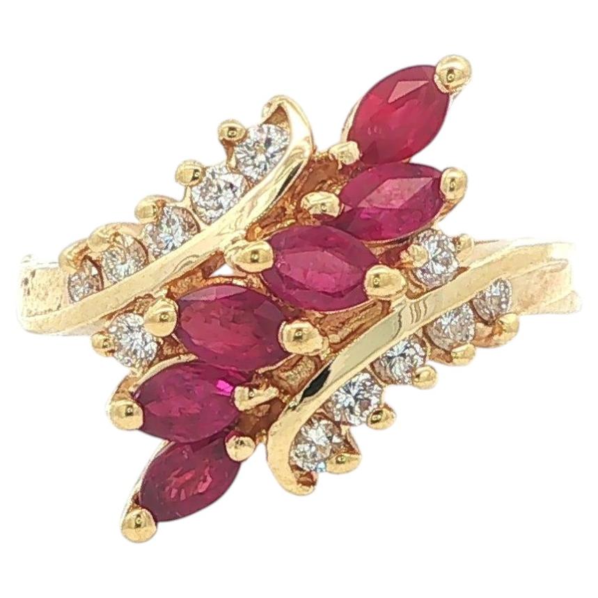 Vintage 14k Yellow Gold Marquise Ruby & Round Diamond Bypass Cluster Ring