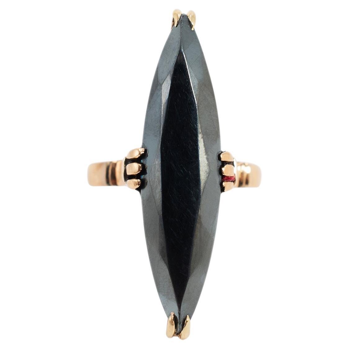 Vintage 14K Yellow Gold Marquise Shaped Hematite Cocktail Ring