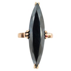 Vintage 14K Yellow Gold Marquise Shaped Hematite Cocktail Ring