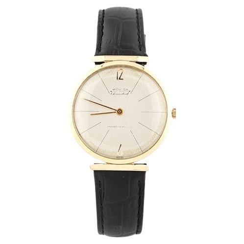 Vintage 14k Yellow Gold Men's Moviga Hand-Winding Watch w/ Leather Strap For Sale