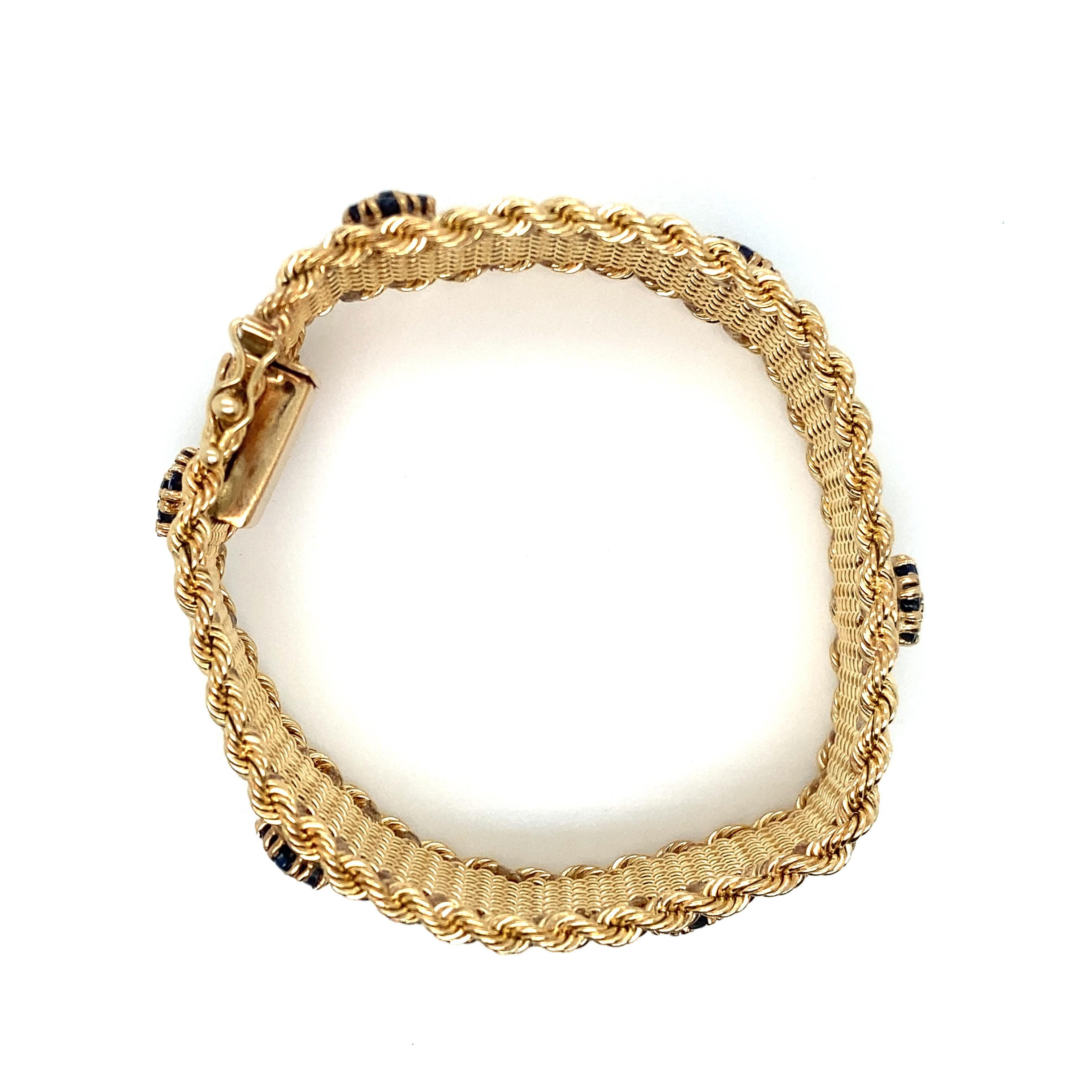 Round Cut Vintage 14k Yellow Gold Mesh Bracelet with Sapphire Cluster Flowers For Sale