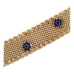 Bracciale vintage a maglie in oro giallo 14k con fiori a grappolo di zaffiro