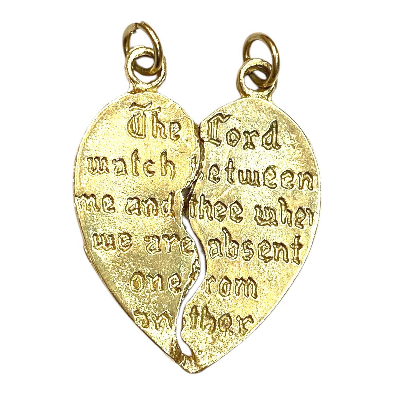 Vintage 14k Yellow Gold Mizpah Heart Pendant 2 Pieces In Good Condition In Henderson, NV