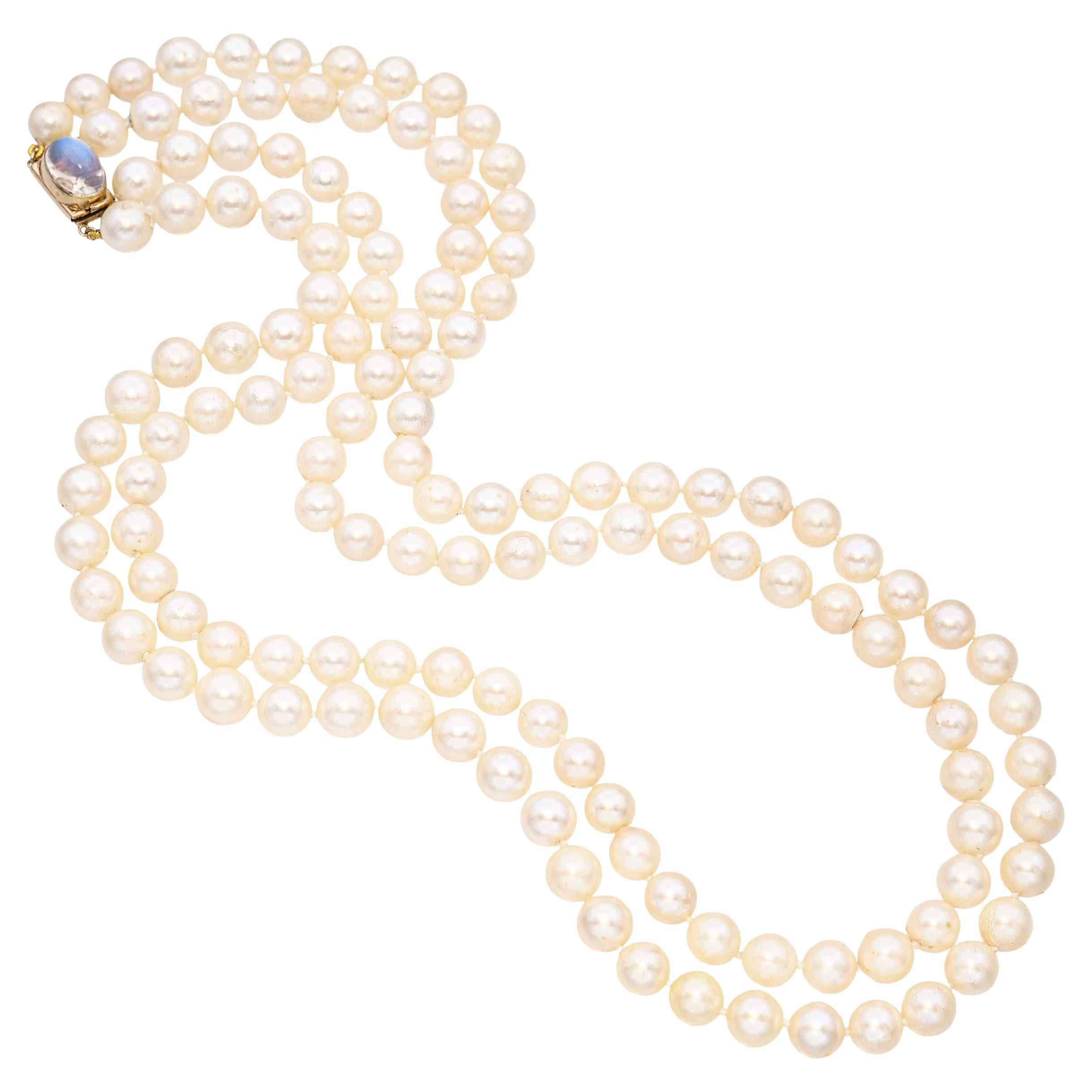 Vintage 14K Yellow Gold Moonstone Clasp Double Strand Pearl Necklace