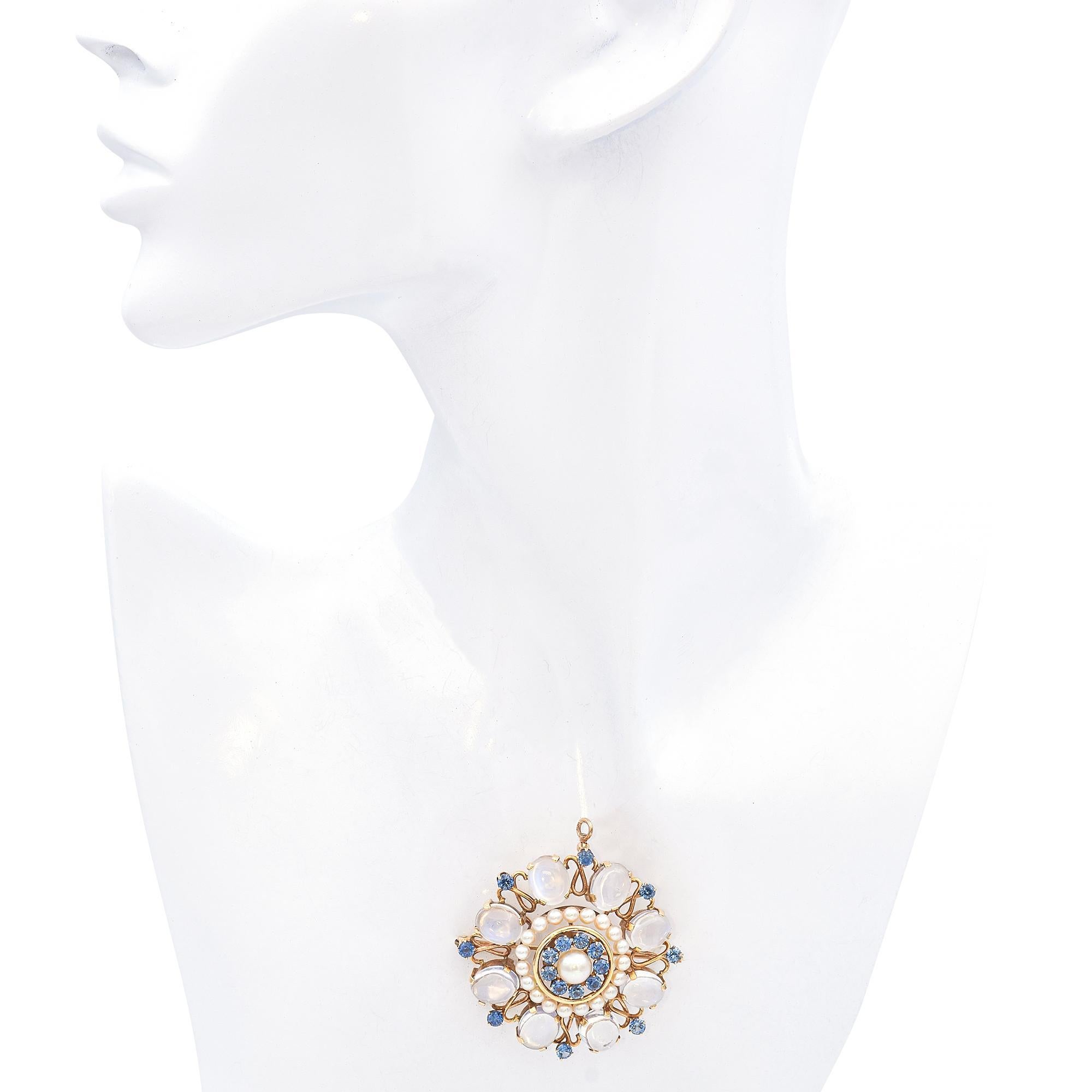 Mixed Cut Vintage 14k Yellow Gold Moonstone Sapphire and Pearl Brooch Pendant For Sale