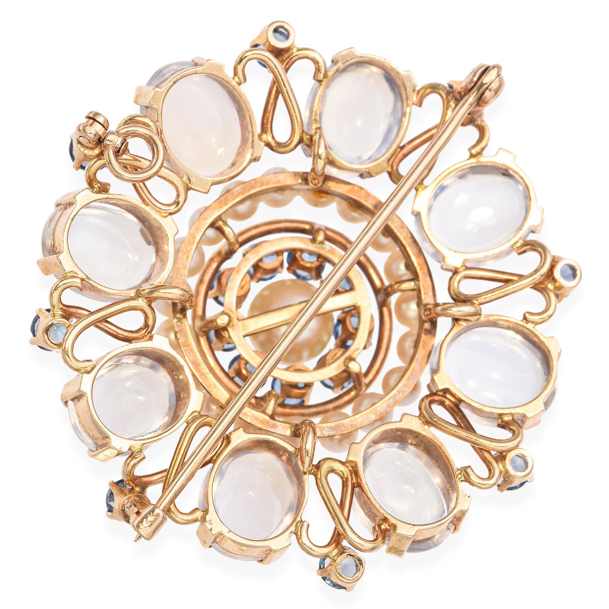 Vintage 14k Yellow Gold Moonstone Sapphire and Pearl Brooch Pendant In Good Condition For Sale In New York, NY