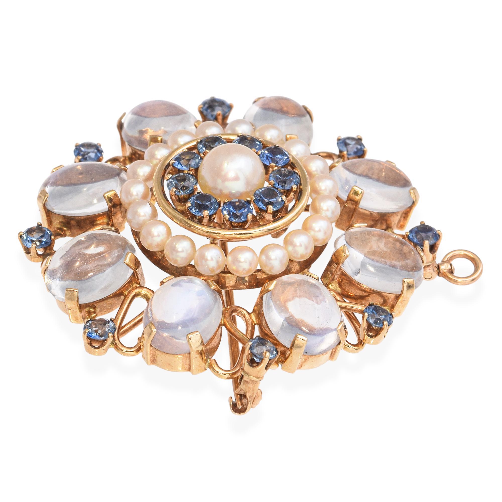 Women's or Men's Vintage 14k Yellow Gold Moonstone Sapphire and Pearl Brooch Pendant For Sale