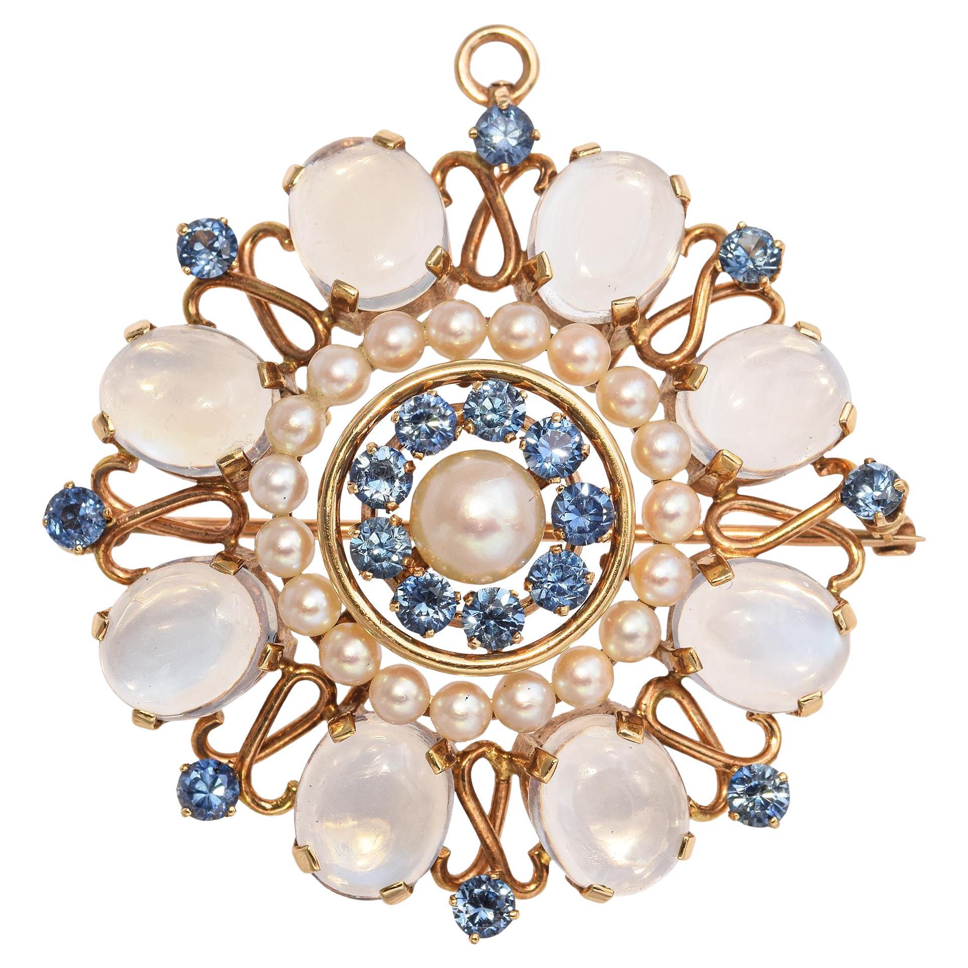 Vintage 14k Yellow Gold Moonstone Sapphire and Pearl Brooch Pendant