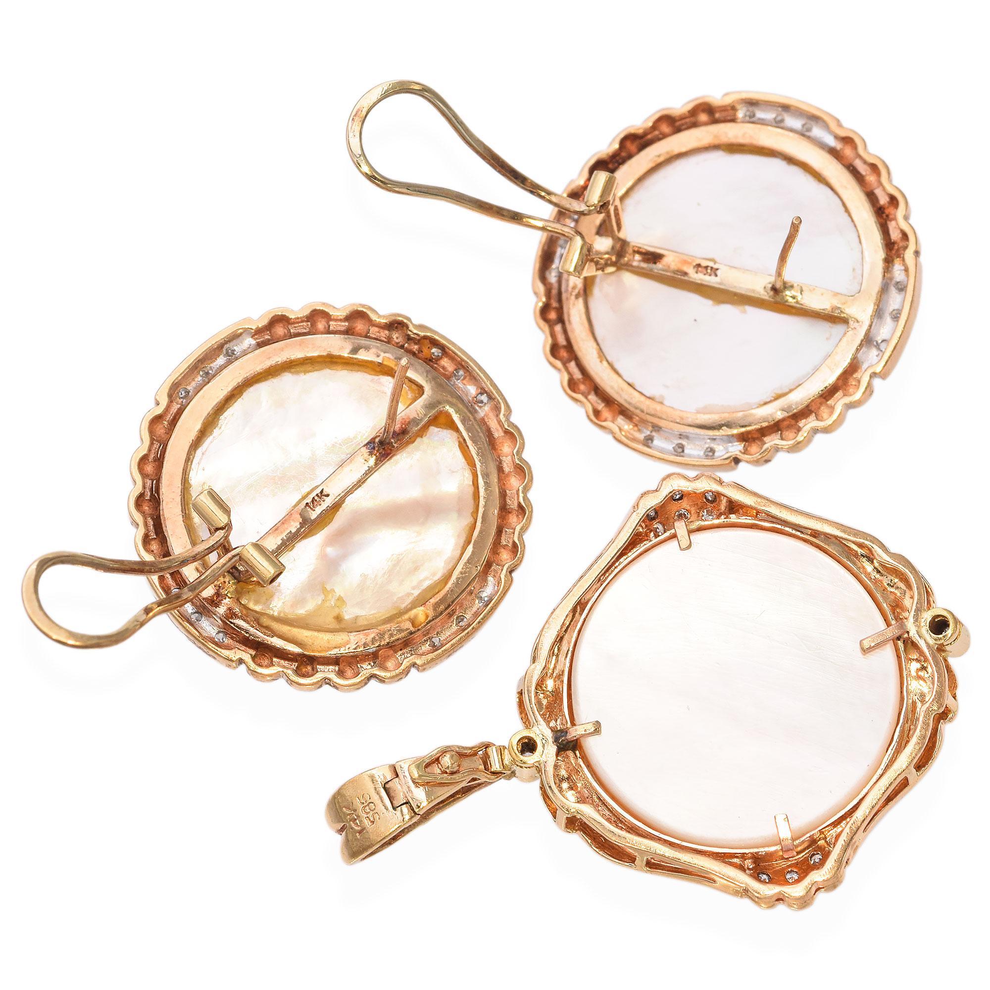 Donna Set di gioielli d'epoca in oro giallo 14k con madreperla e diamanti in vendita