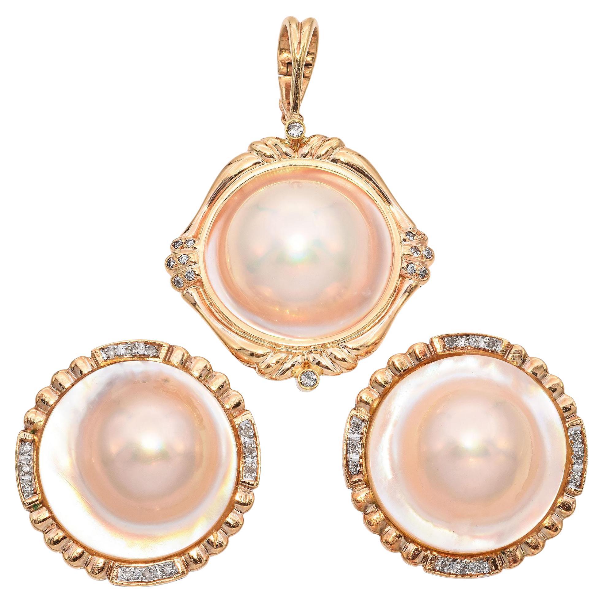Vintage 14k Yellow Gold Mother of Pearl and Diamond Jewelry Set