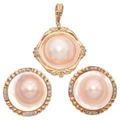 Vintage 14k Yellow Gold Mother of Pearl and Diamond Jewelry Set