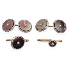 Vintage 14K Yellow Gold Mother of Pearl and Seed Pearl Cufflink & Shirt Stud Set