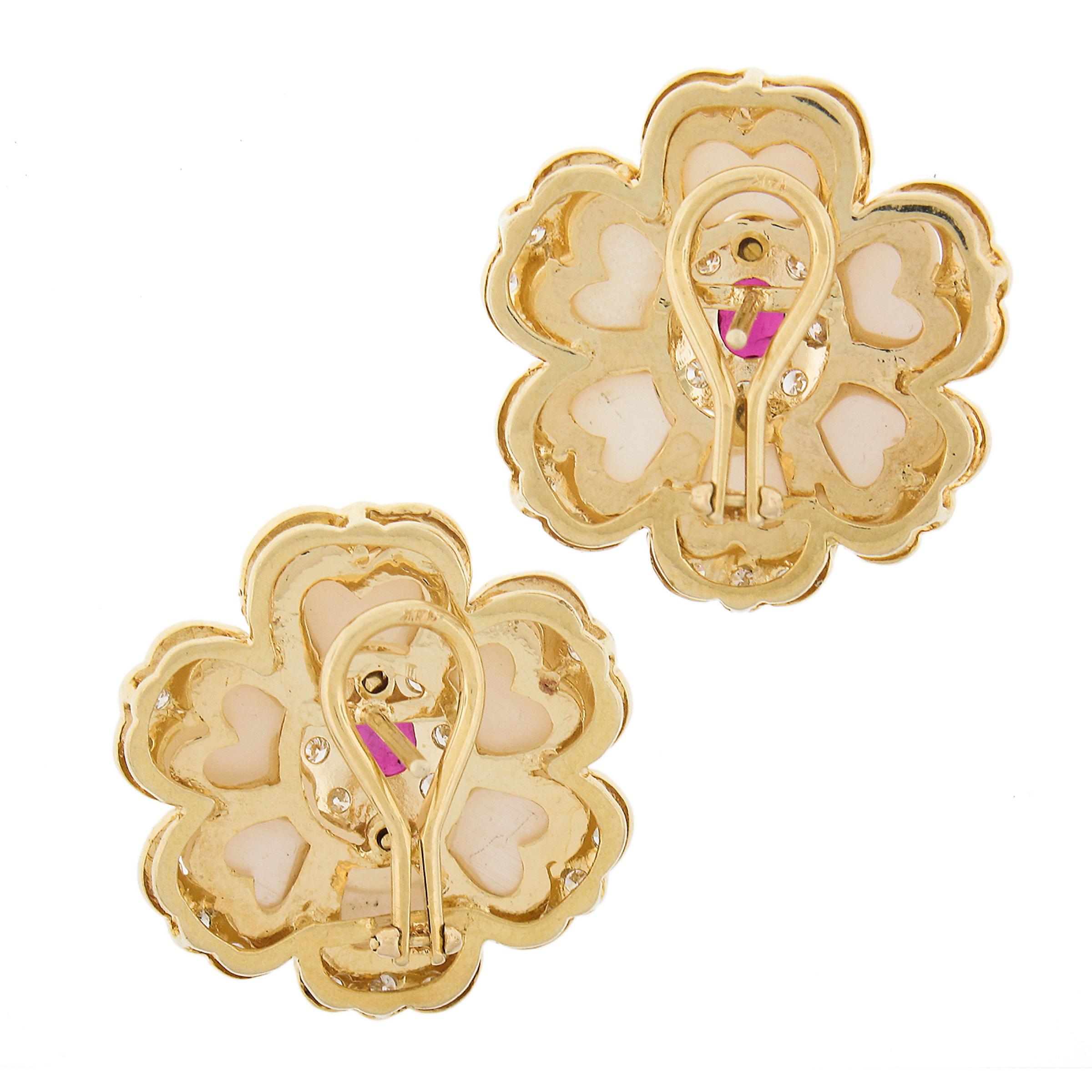 Women's Vintage 14K Yellow Gold Mother Of Pearl Ruby & Diamond Flower Carved Earrings For Sale