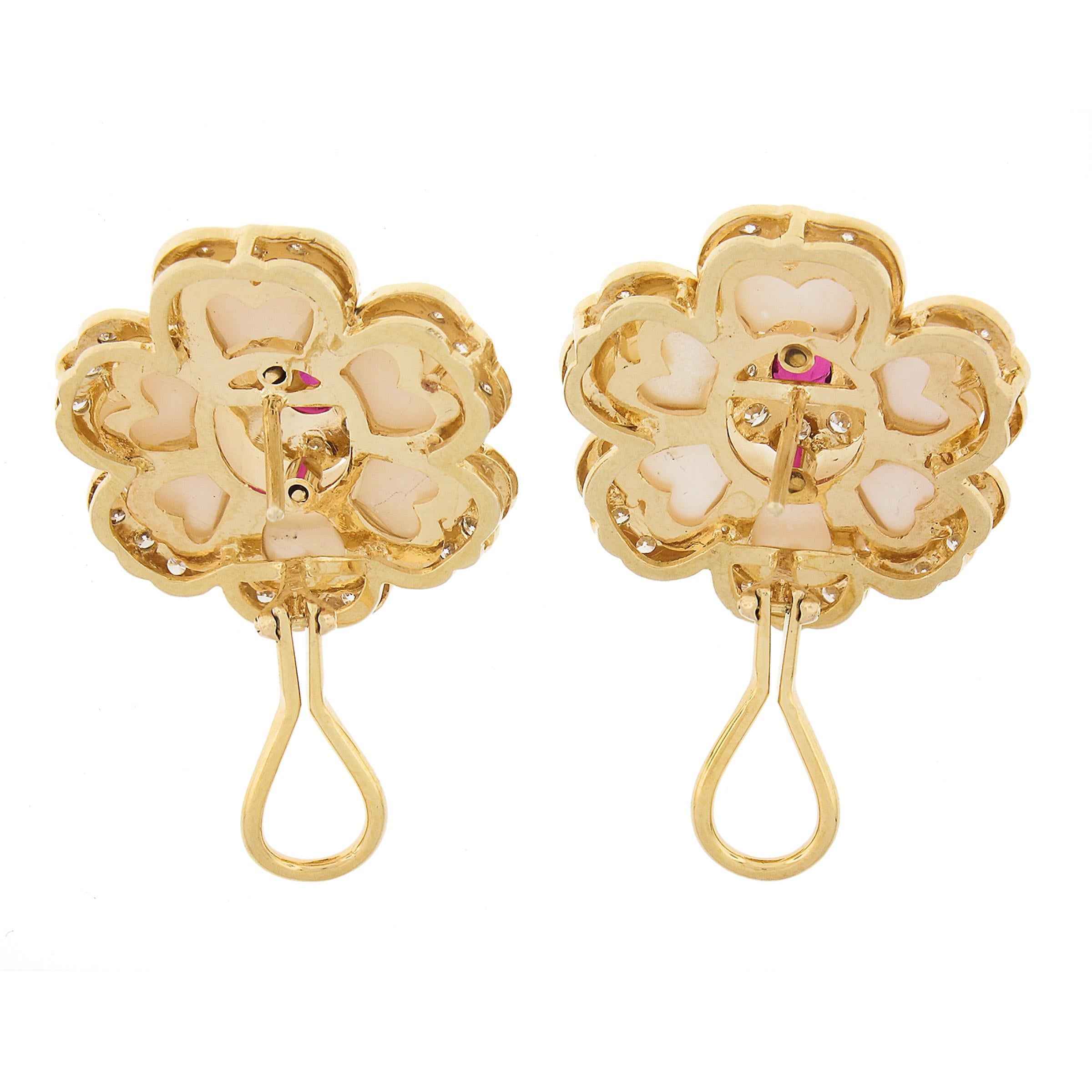 Vintage 14K Yellow Gold Mother Of Pearl Ruby & Diamond Flower Carved Earrings For Sale 1