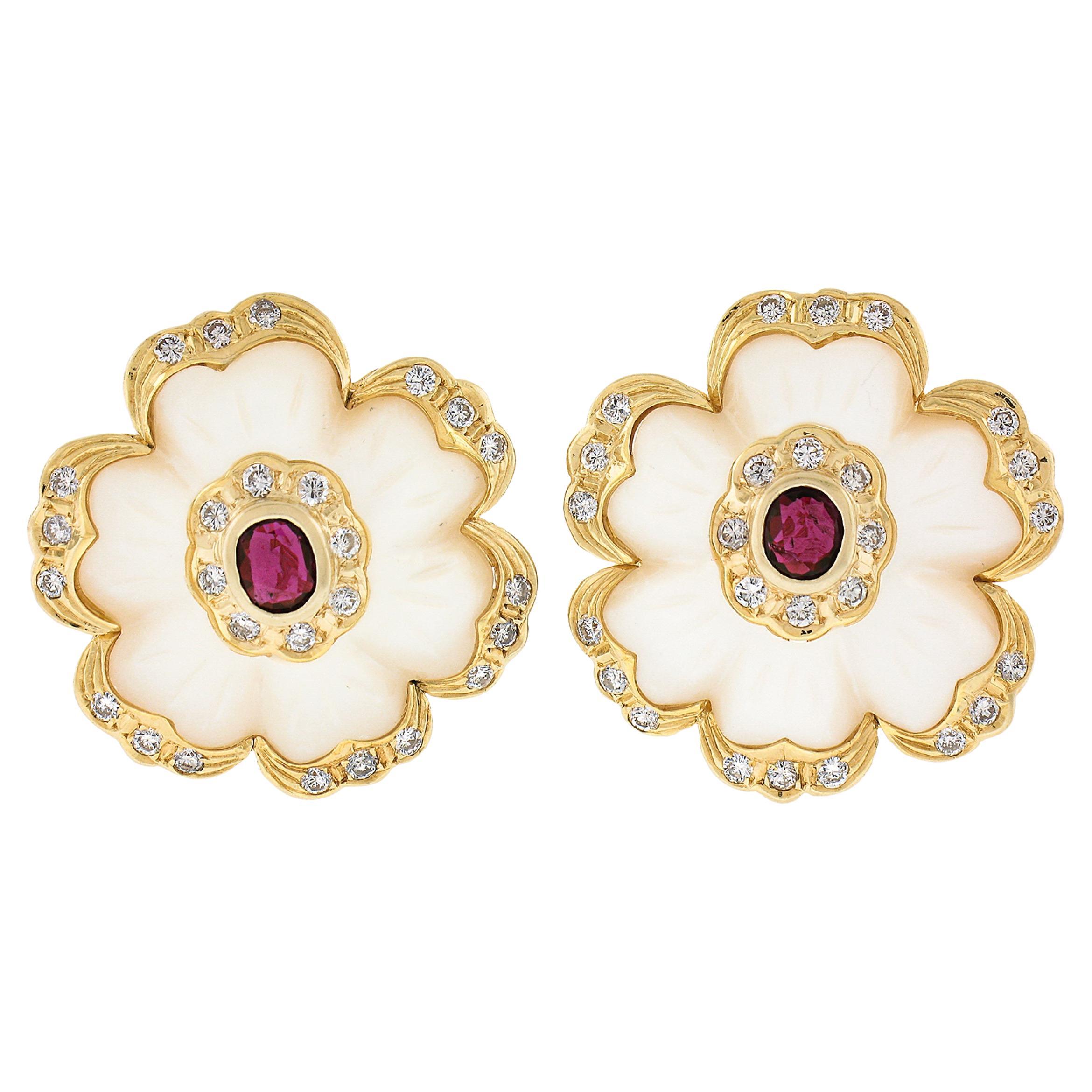 Vintage 14K Yellow Gold Mother Of Pearl Ruby & Diamond Flower Carved Earrings For Sale