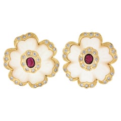 Vintage 14K Yellow Gold Mother Of Pearl Ruby & Diamond Flower Carved Earrings