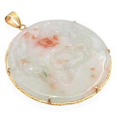 Vintage 14K Yellow Gold Mottled Jade Carved Disc Pendant