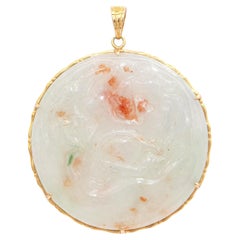 Vintage 14K Yellow Gold Mottled Jade Carved Disc Pendant