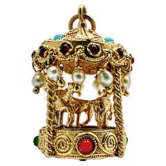 Vintage 14K Yellow Gold Movable Carousel Pendant with Assorted Colored Stones