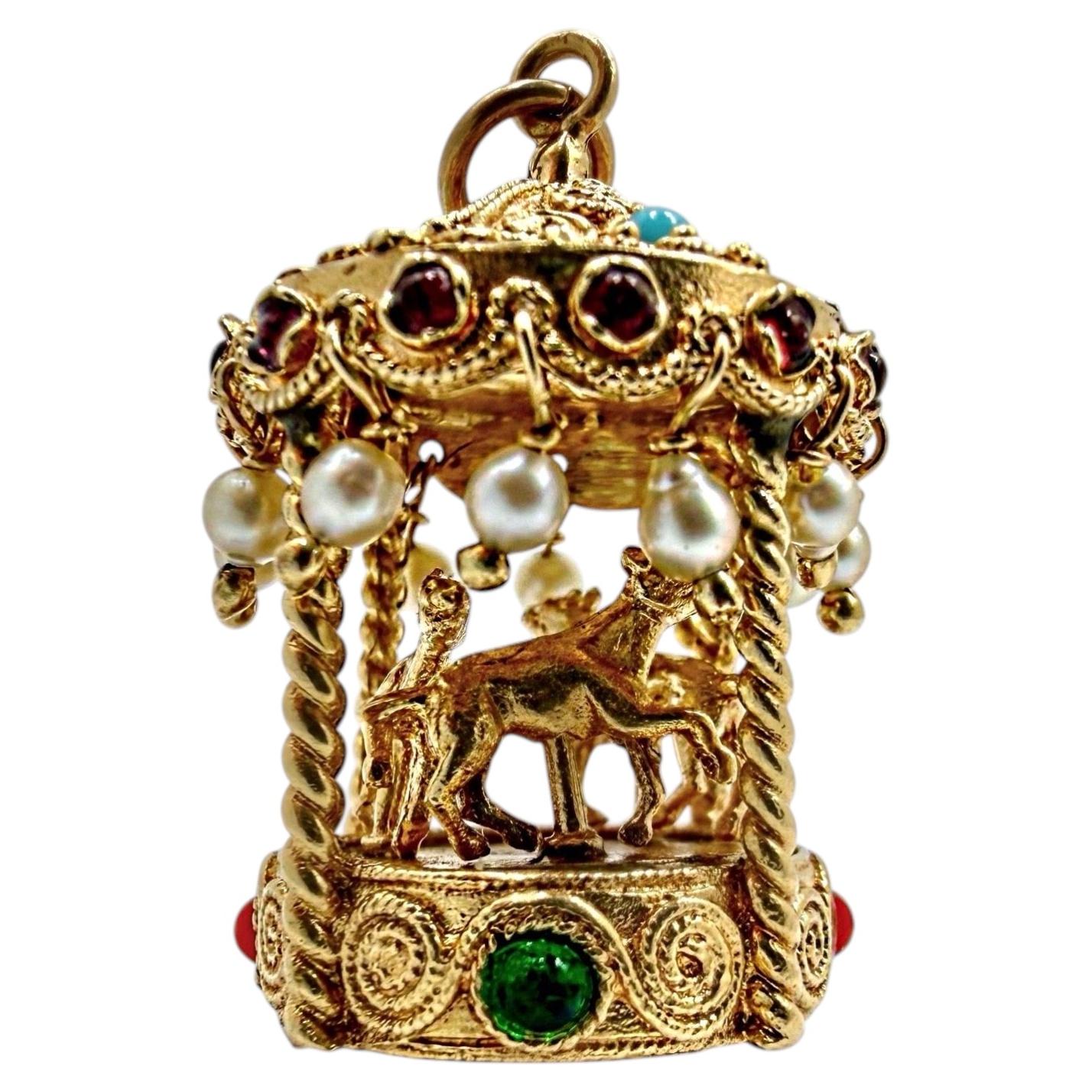Ciondolo Carosello mobile d'epoca in oro giallo 14K con pietre colorate assortite