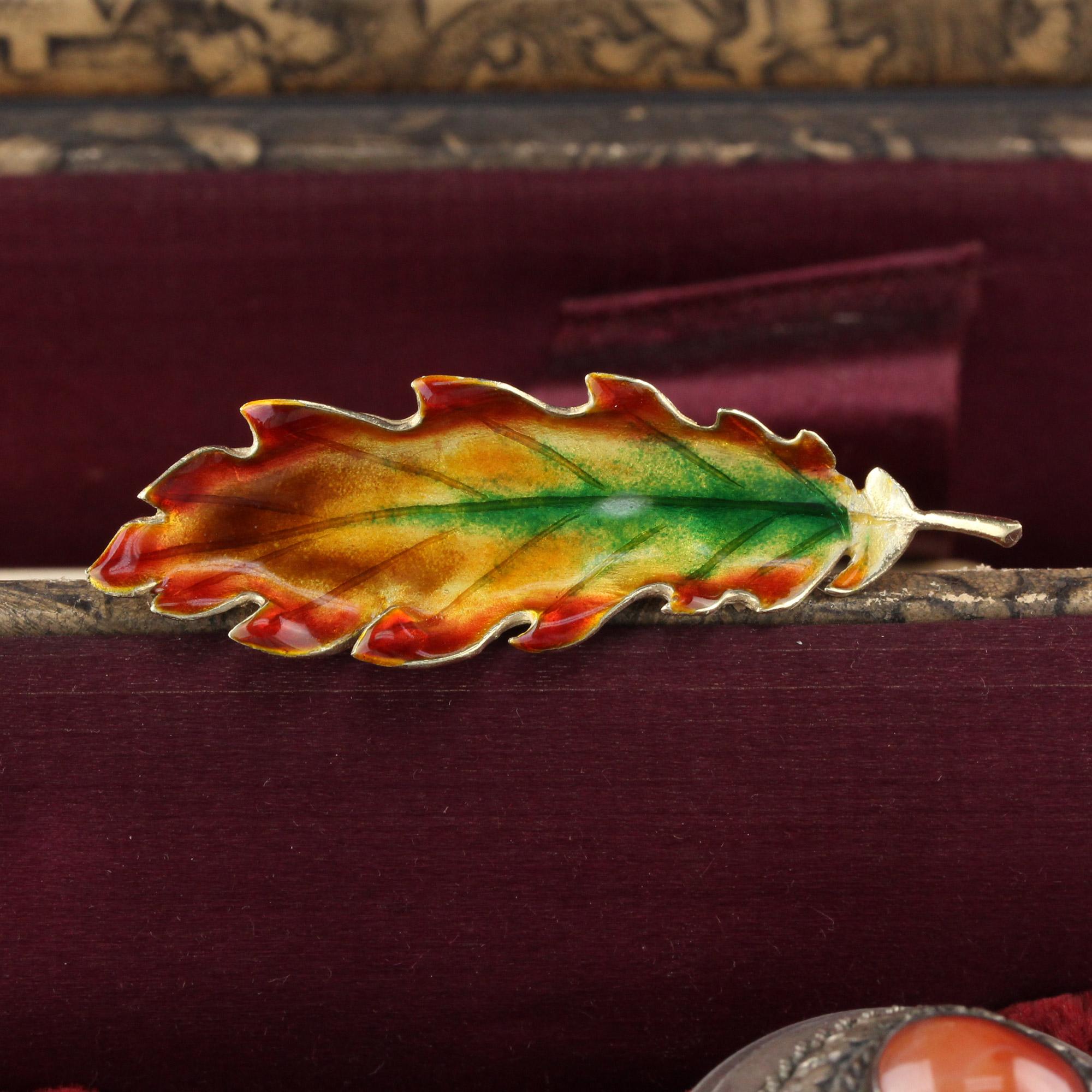 Beautiful plique a jour enamel leaf brooch in 14K yellow gold with vibrant colors. 

Metal: 14K Yellow Gold

Weight: 9.2 Grams 

Measurements: 60mm wide x 19mm tall