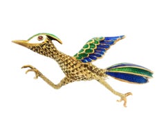 Vintage 14k Yellow Gold Multi Color Enamel Road Runner Bird Brooch Pin