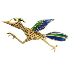 Spilla d'epoca in oro giallo 14k con smalto multicolore per uccelli corridori della strada