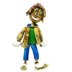 Vintage 14k Yellow Gold Multi Color Enamel Work Detailed Moving Clown Pin Brooch