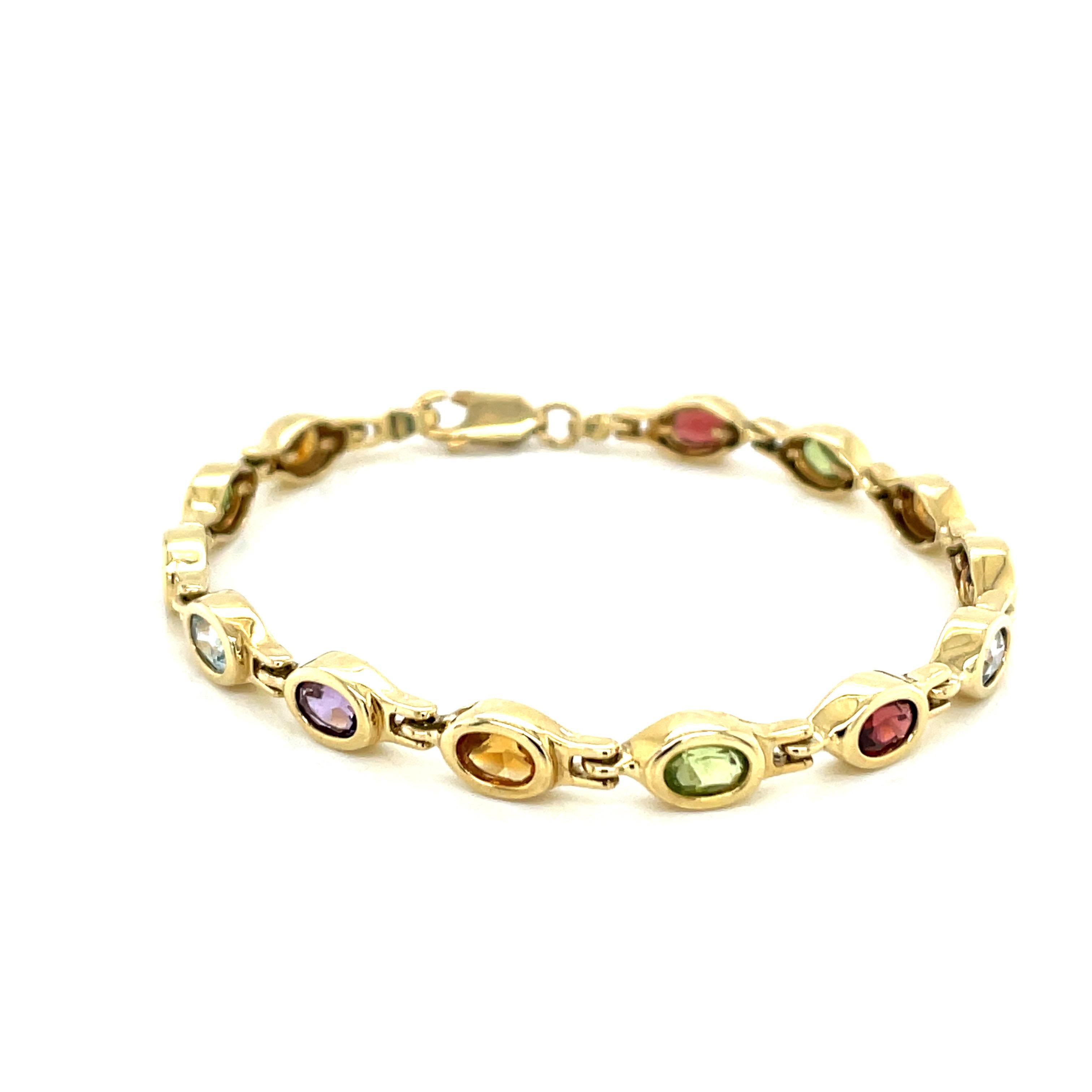 Vintage 14k Yellow Gold Multi Color Gemstone Bezel Bracelet 7