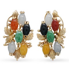 Vintage 14k Yellow Gold Multi Color Jade and Onyx Earrings