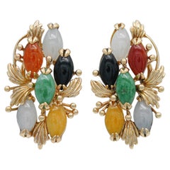 Vintage 14k Yellow Gold Multi Color Jade and Onyx Earrings