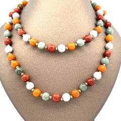 Vintage 14k Yellow Gold Multi Color Jade Bead  30" Long Slip-On Necklace