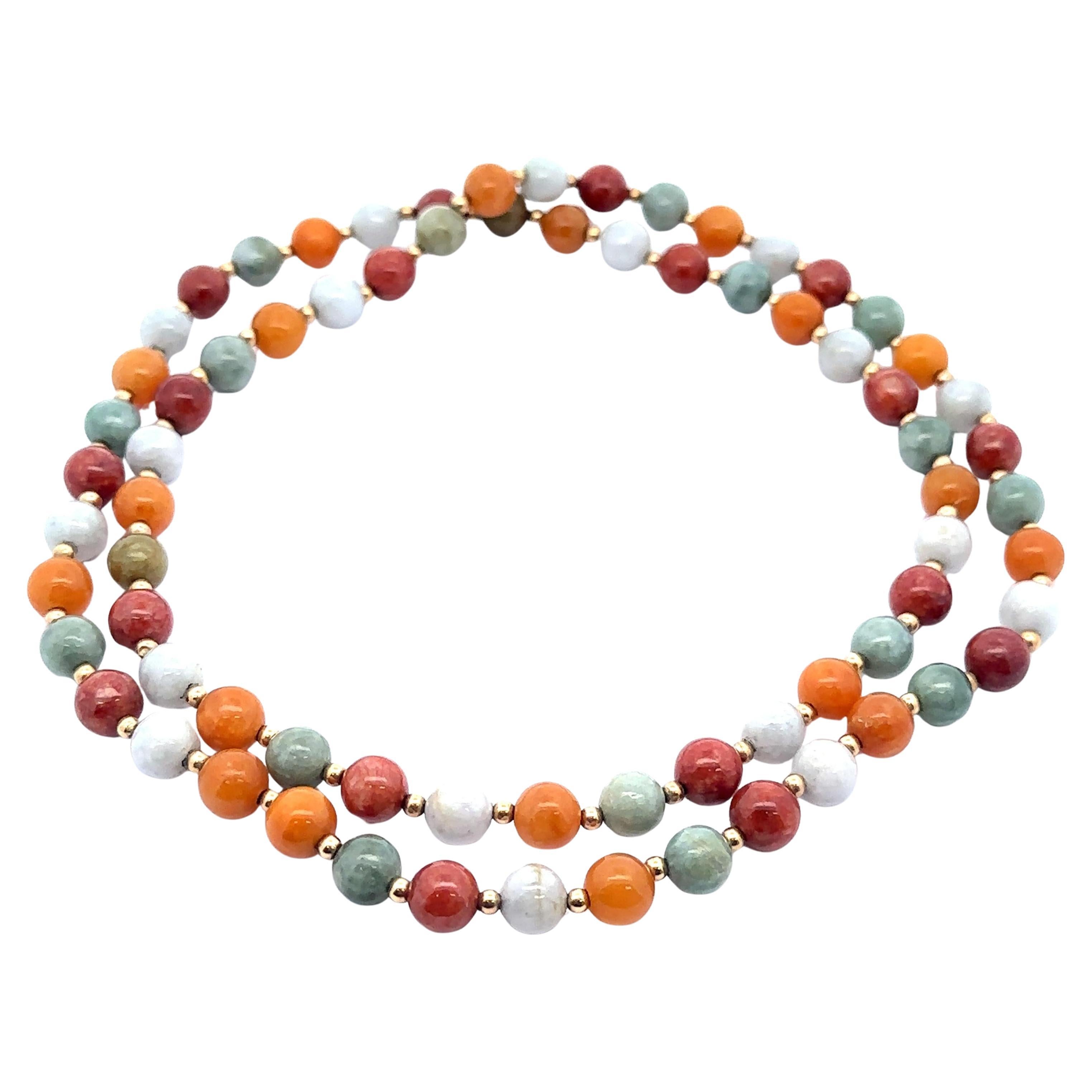 Vintage 14k Yellow Gold Multi Color Jade Bead  Collier de 30" à enfiler