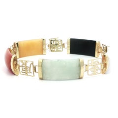 Vintage 14k Yellow Gold Multi Color Jade Chinese Symbols Link Bracelet