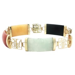 Pulsera de eslabones con símbolos chinos de jade multicolor en oro amarillo de 14k vintage
