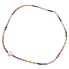 Vintage 14K Yellow Gold Multi-Color Sapphire and Pearl Beaded Strand Necklace