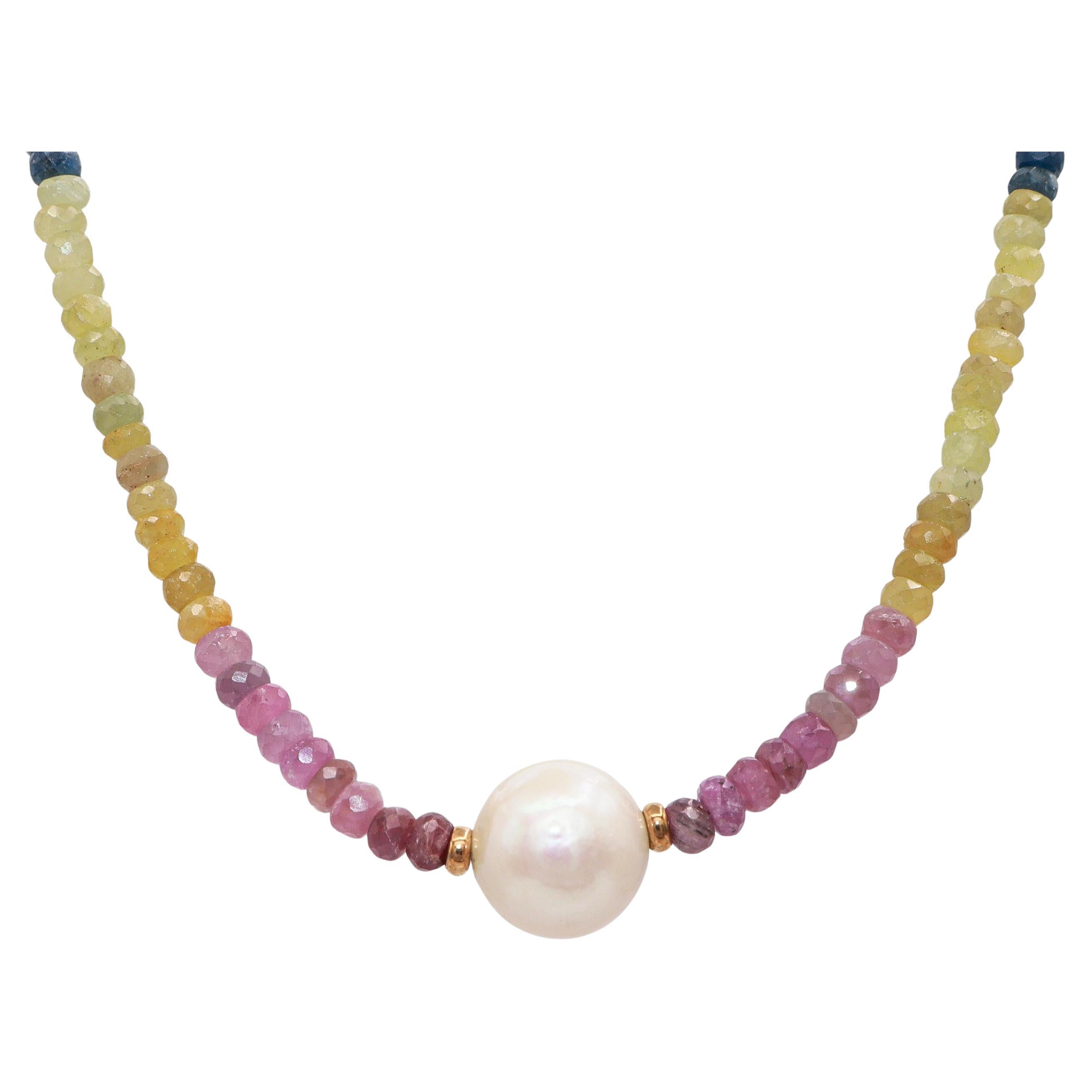 Vintage 14K Yellow Gold Multi-Color Sapphire and Pearl Beaded Strand Necklace
