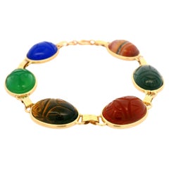Vintage 14k Yellow Gold Multi Color Stone Carved Scarab Link Bracelet