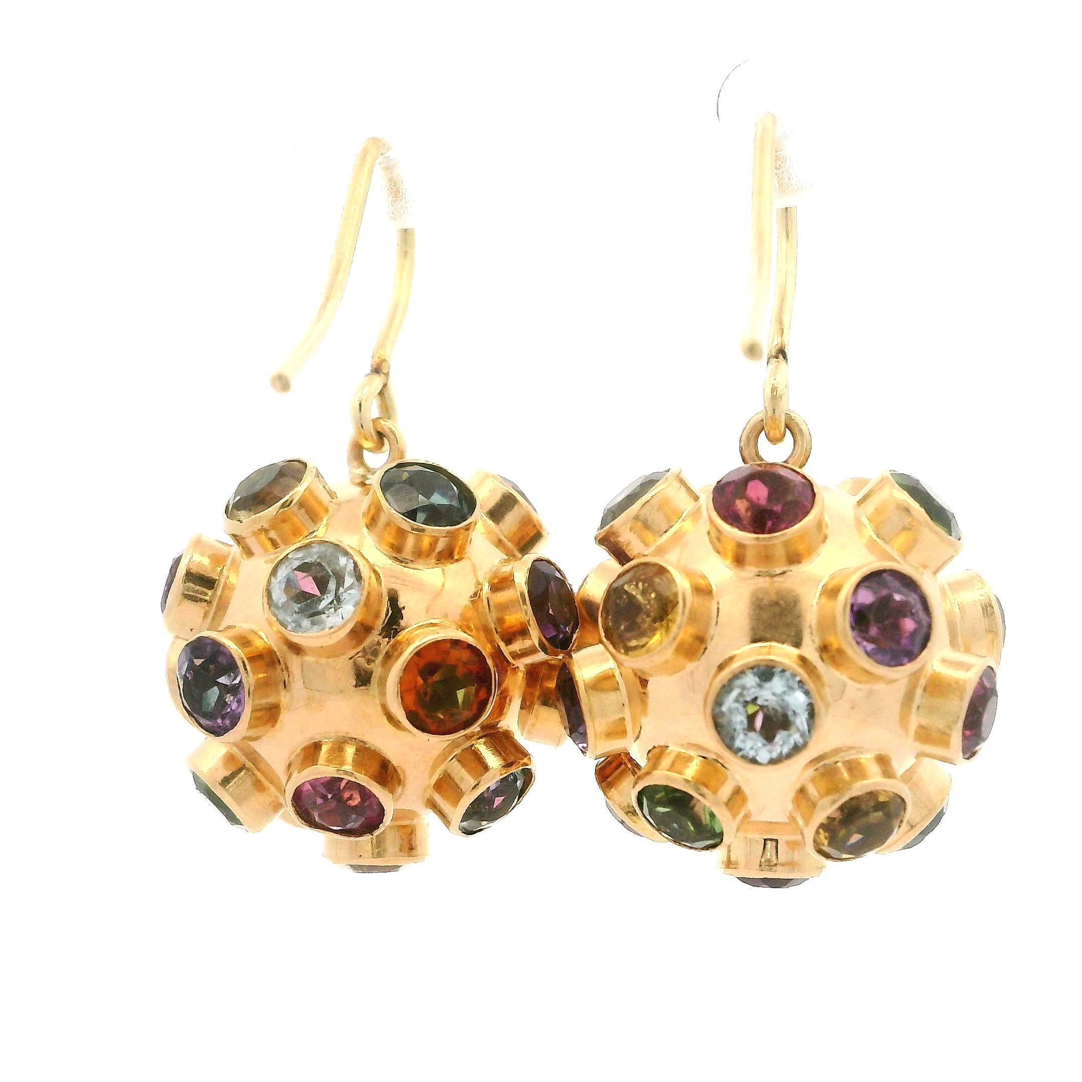 Vintage 14k Yellow Gold Multi Colored Gemstones Sputnik Ball Drop Hook Earrings In Excellent Condition In Montclair, NJ