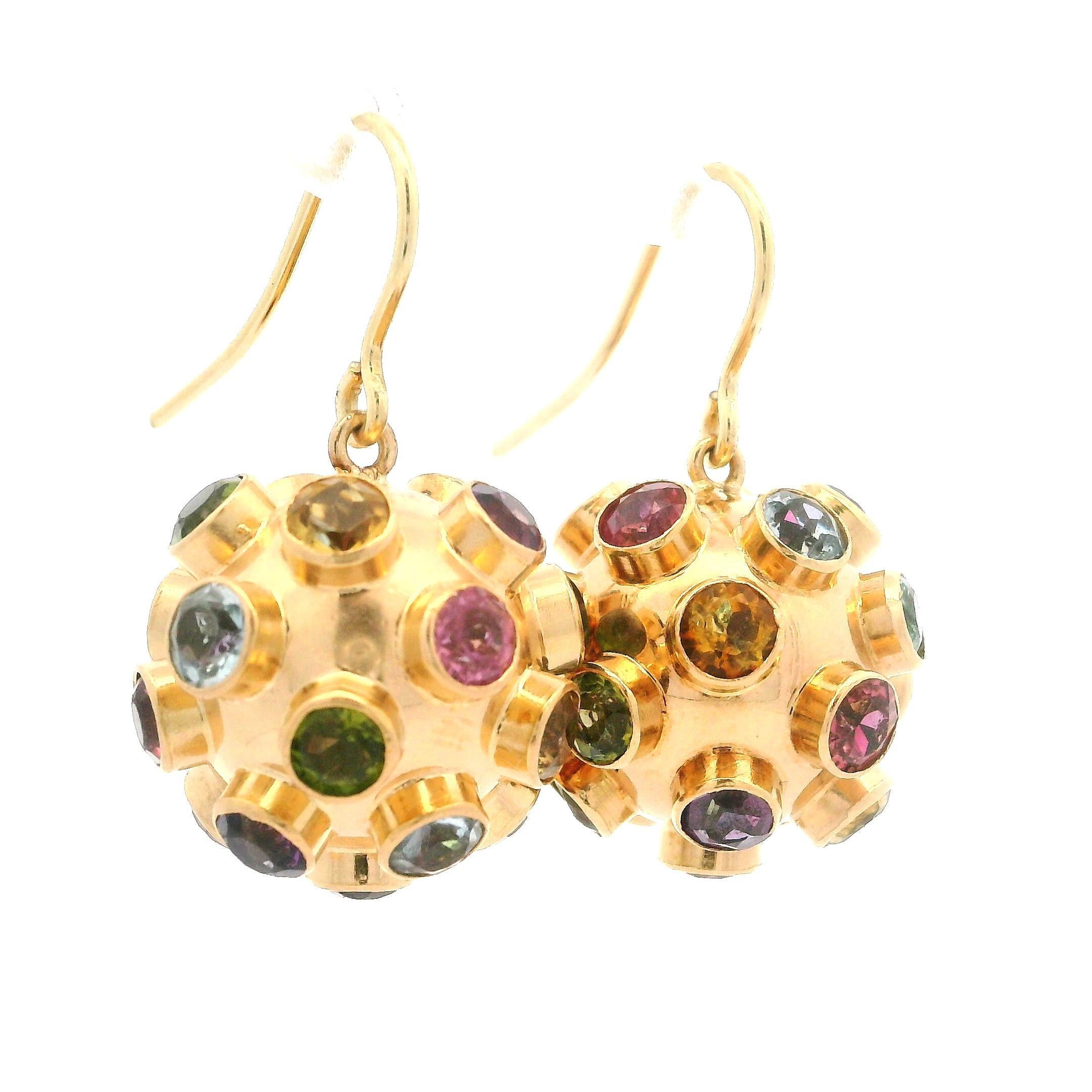Vintage 14k Yellow Gold Multi Colored Gemstones Sputnik Ball Drop Hook Earrings 1